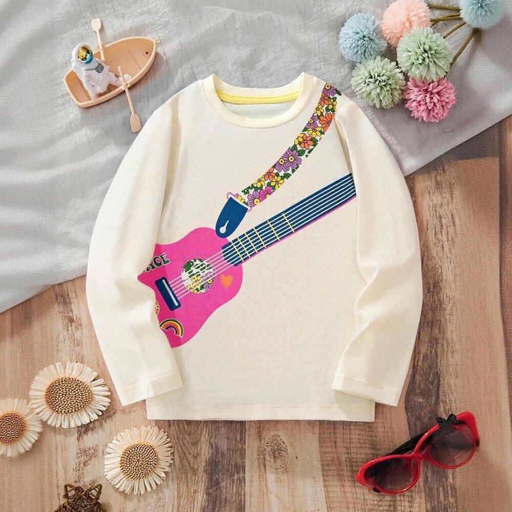 Girls Guitar Graphic Long Sleeve Shirt Cotton Crewneck Casual Top Size 5T